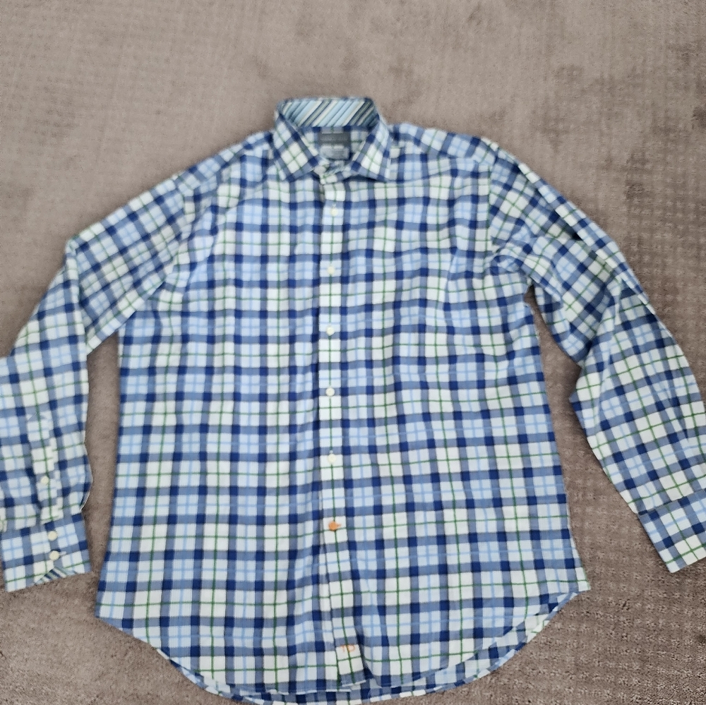 Thomas Dean button down shirt, plaid with contrast stripe detail, men's size L